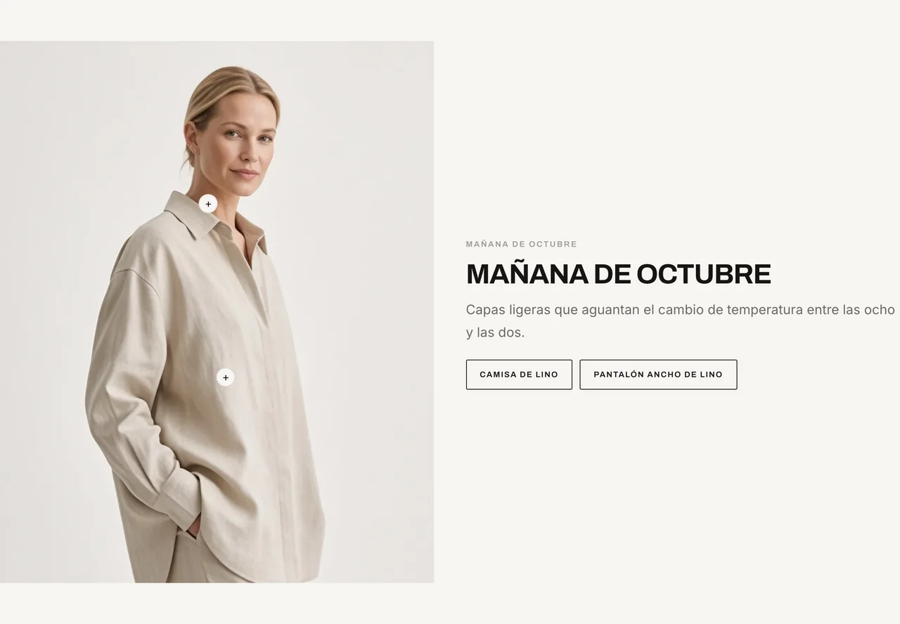 Fotografía de lookbook con puntos interactivos sobre cada prenda del conjunto