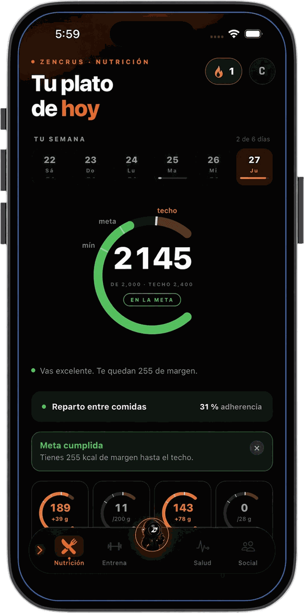 Pantalla de nutrición de la app Zencrus, con el objetivo de calorías del día