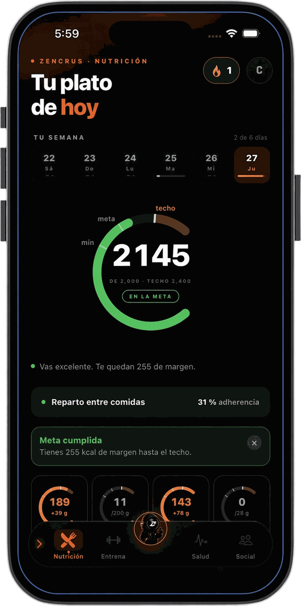 Pantalla de nutrición de la app Zencrus