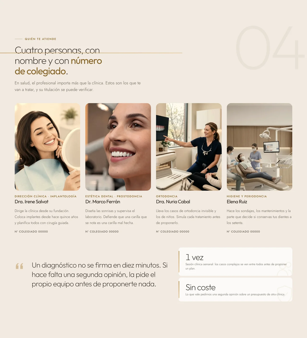 Cuatro profesionales con fotografía, especialidad y número de colegiado