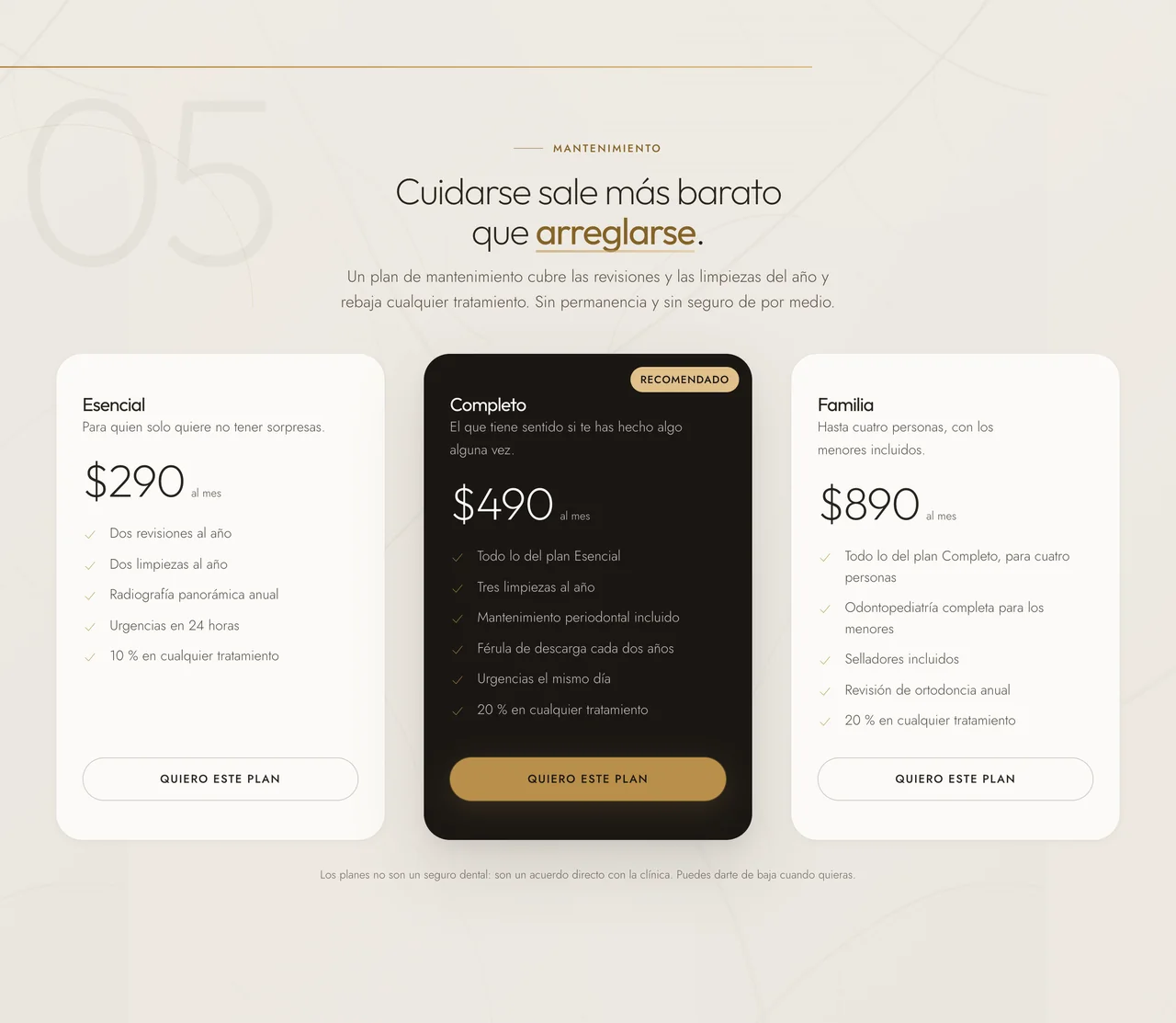 Tres planes de mantenimiento mensual con sus precios y prestaciones
