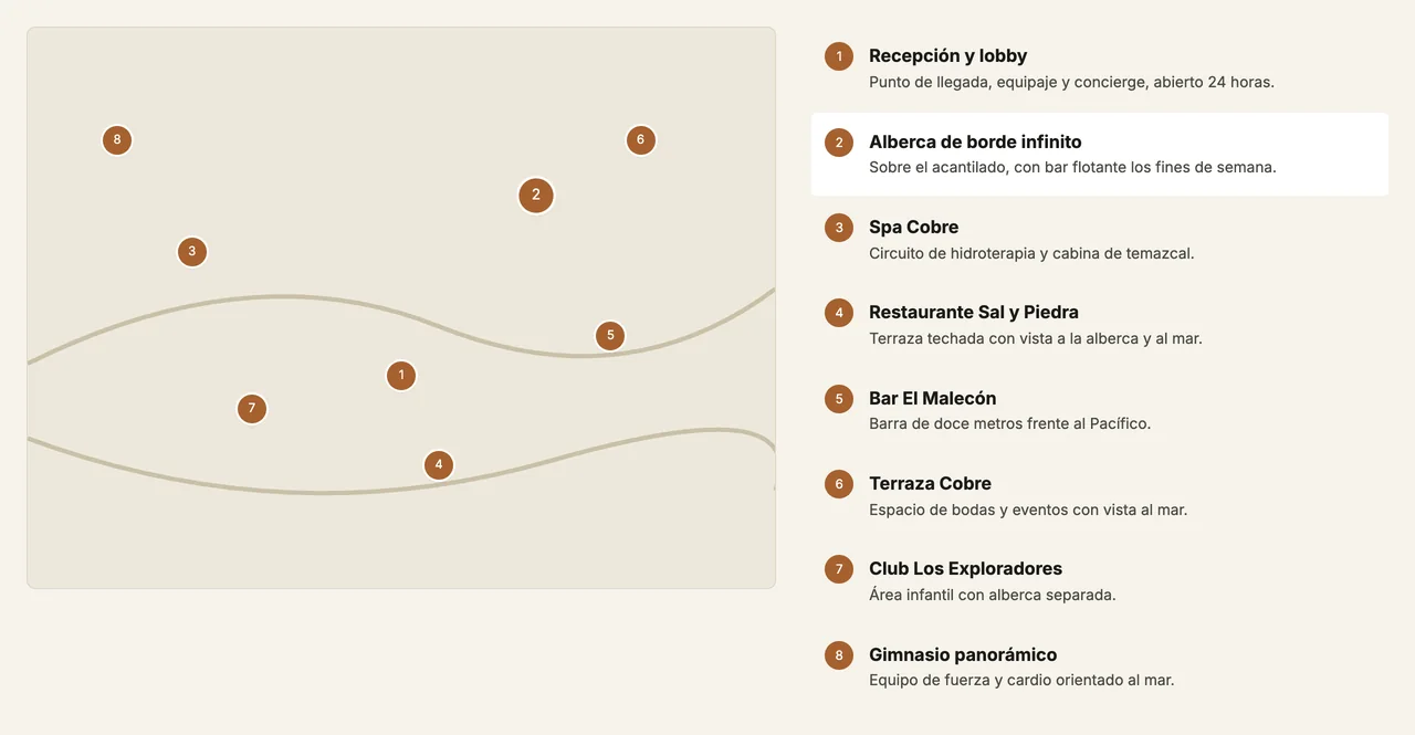 Mapa del hotel con la Alberca de borde infinito señalada y su ficha sincronizada