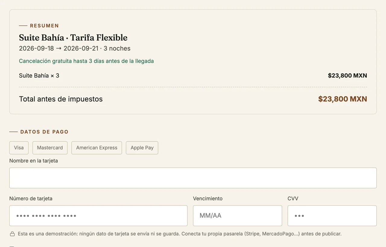 Paso final del flujo de reserva con el resumen de tres noches y el total en pesos