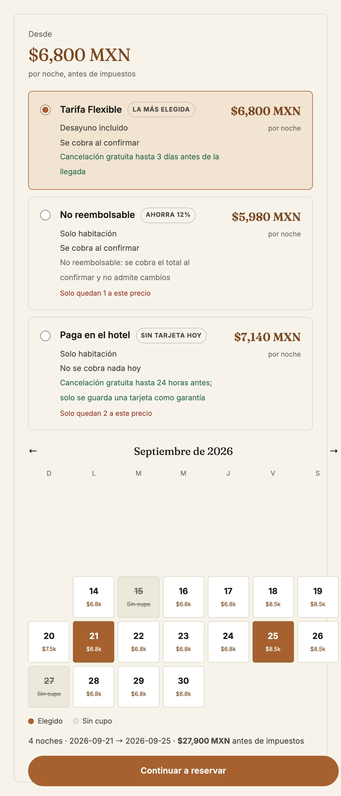 Ficha de habitación con tres tarifas y un calendario con cuatro noches elegidas