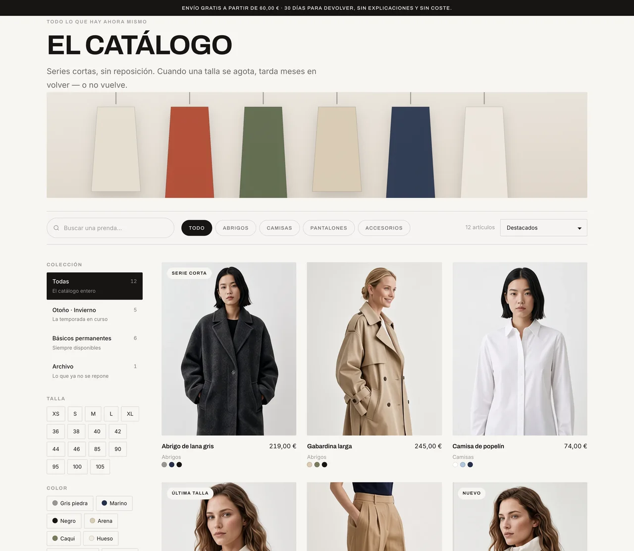 Catálogo con filtros de colección, talla y color sobre una rejilla de prendas