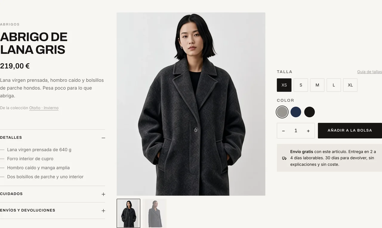 Ficha de producto con selector de talla y color, precio y condiciones de envío