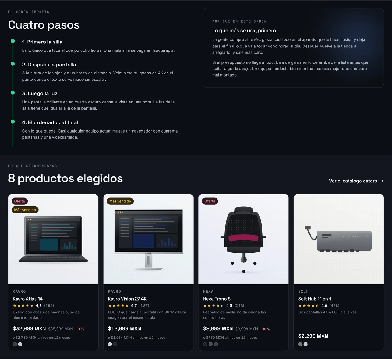 Guía de compra en cuatro pasos con los productos elegidos debajo