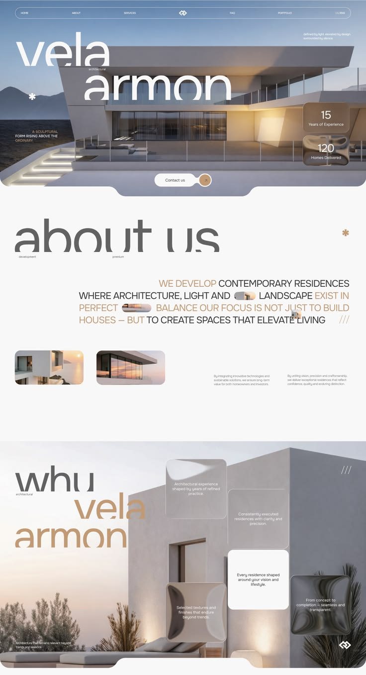 Concepto para una inmobiliaria: portada arquitectónica a pantalla completa y sección sobre nosotros con retícula editorial