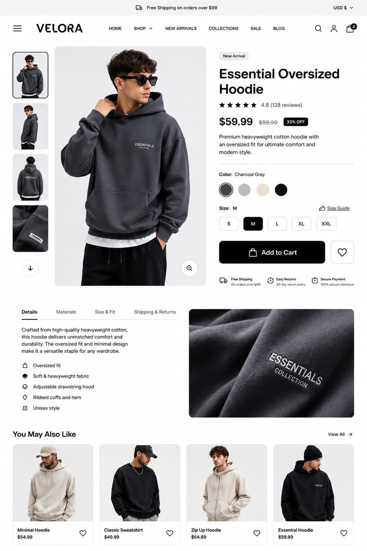 Concepto de ficha de producto con galería, selector de talla y color, y productos relacionados