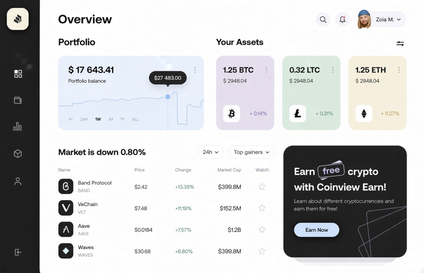 Panel de una aplicación web de criptomonedas con cartera, activos y tabla de mercado