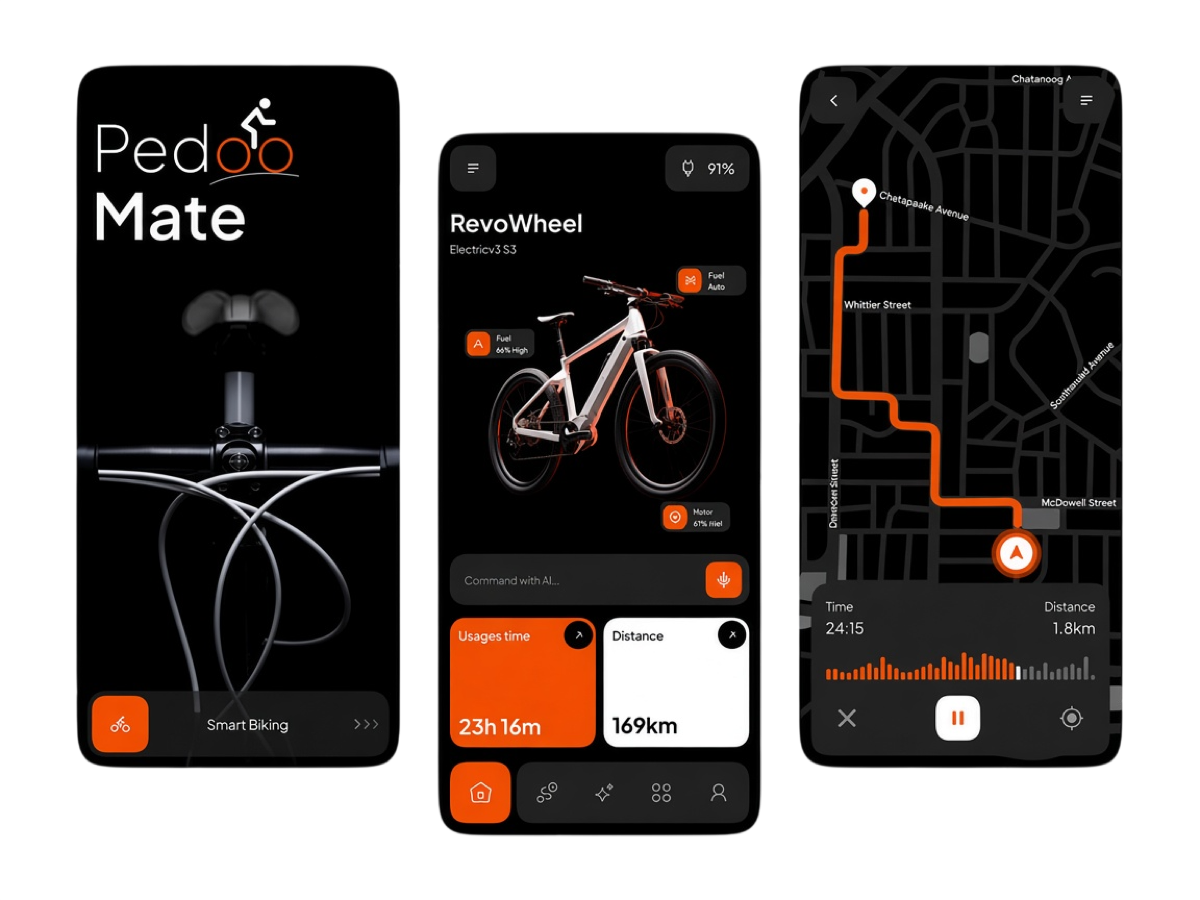 Tres pantallas de una aplicación móvil de ciclismo: portada, ficha de bicicleta y navegación con mapa