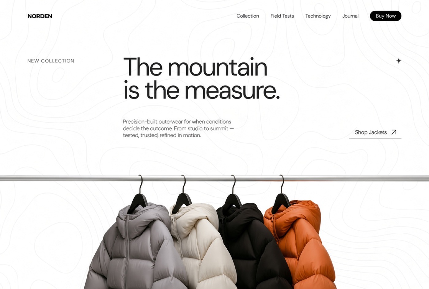 Landing page de la marca de outerwear Norden, con tipografía editorial y catálogo de producto