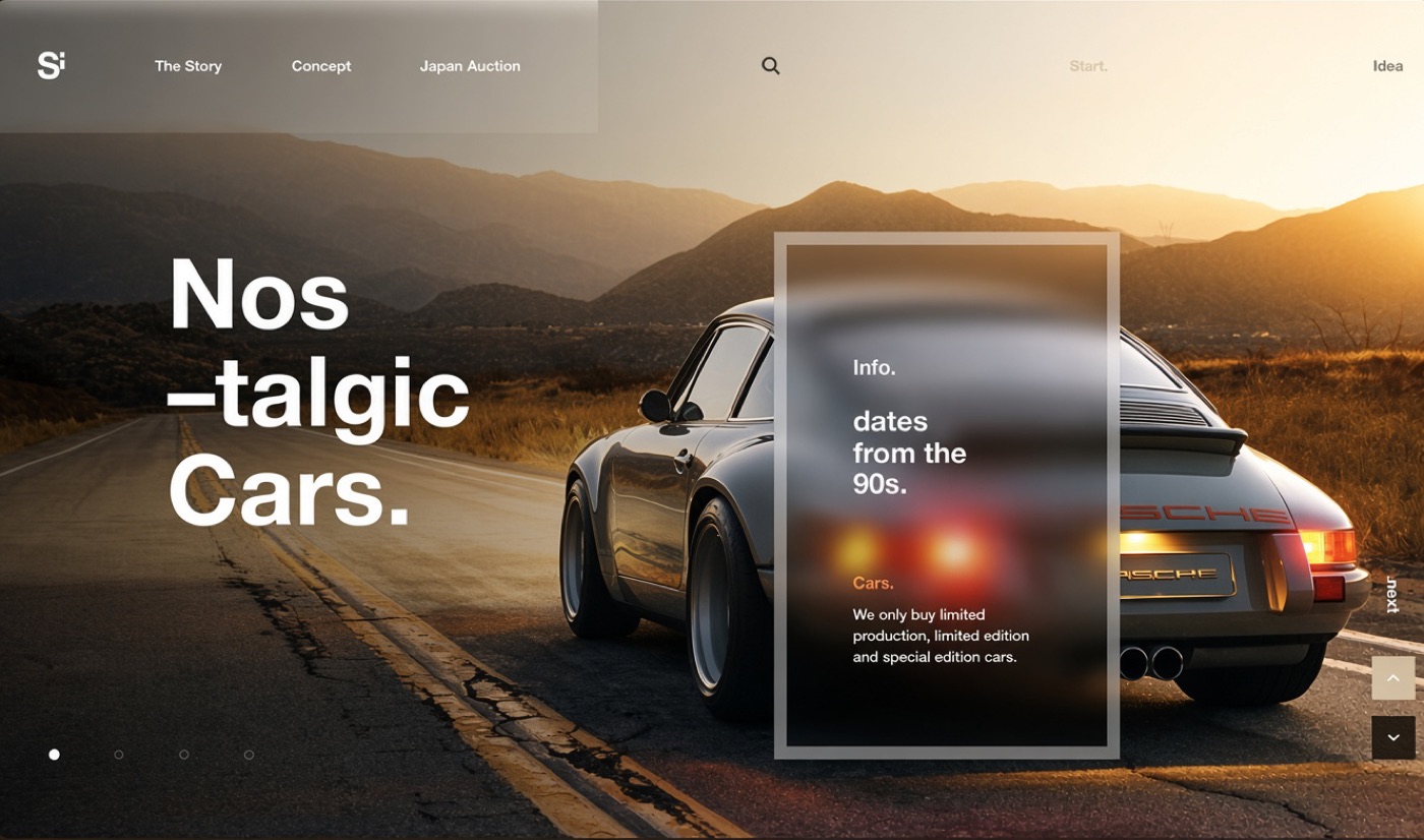 Sitio web de Nostalgic Cars, con fotografía a pantalla completa y panel de información en vidrio